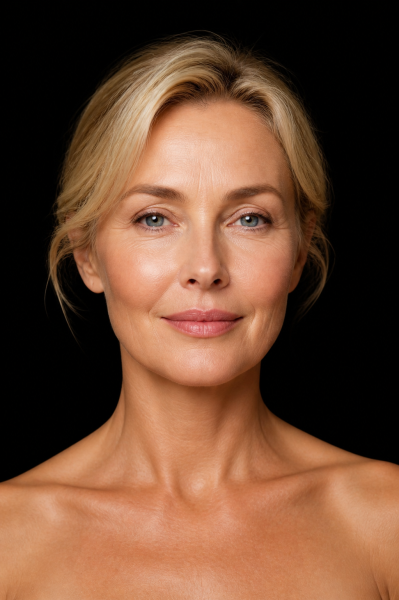 Portrait of a beautiful woman in a black dress with creative makeup in a fashion style. Beauty face. The photo was taken in a studio on a black background.