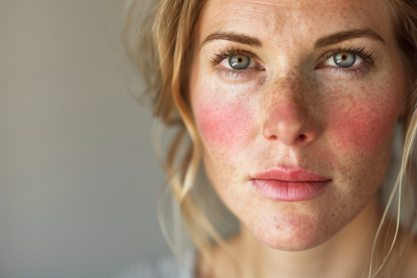 Female with cheek blemishes due to bacterial infection