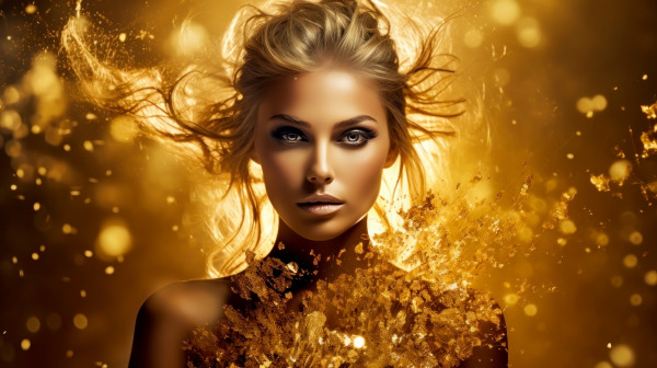 Fashion woman with beautiful makeup, in gold glittering dress on golden background. Beautiful woman with flowing hair. Prestigious, luxury and elegance atmosphere